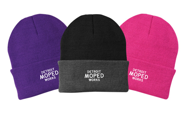 Stylish Detroit Moped Works knit cap in assorted colors