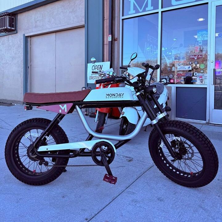 Custom Detroit Red Wings-Themed Monday Motorbikes Anza Electric Café Racer – Knobby Tires Edition